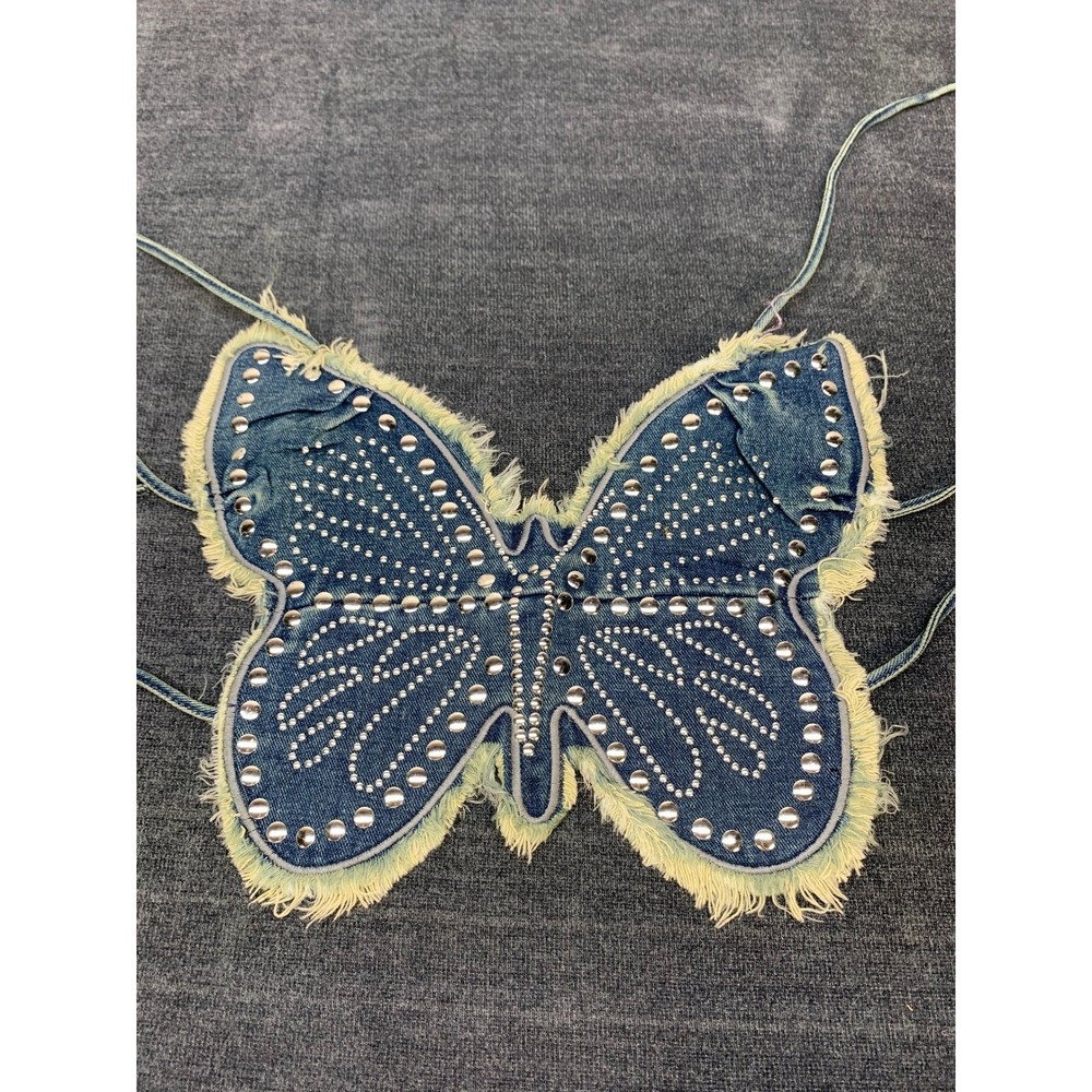 Finesse Olivette Blue Denim Butterfly Studded Halter Crop Top XS/S NWT